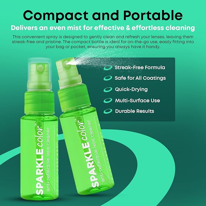 Sparkle Anti-Reflective Safe Lens Cleaner Spray Kit - (2) 1oz Glasses Cleaner Bottle & (2) Microfiber Cloth for Eyeglasses, Sunglasses, Lenses, Screens and Camera Cleaning Kit (4 Piece Set)