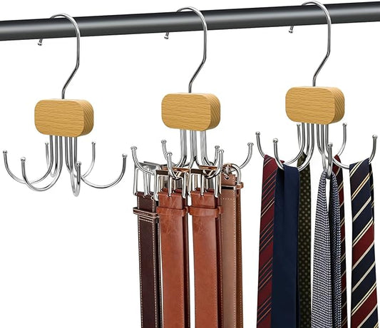 3 Pack Belt Hanger for Closet Organizer, 2026 Upgraded Tie Hangers for Space Saving & Storage, 360° Rotatable & Foldable Hooks, Large Capacity Rack for Tank Top, Bra, Purse (Natural)