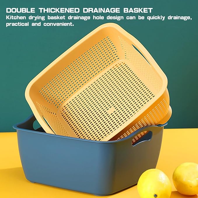 Double-layer Draining Basket Plastic Fruits & Vegetable Washing Basket for Kitchen (Blue)