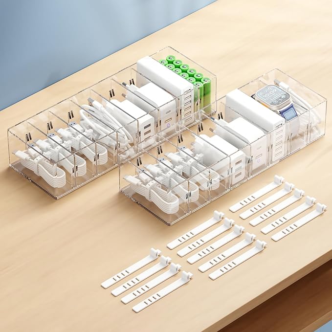 2 Pack Cable Storage Organizer Box with 8 Compartments and 14 Wire Ties, Stackable Charger Organizer, Clear Cord organizer for Drawer, Adjustable Divider Cord Management Box