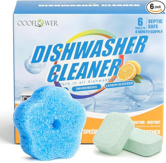 6-Pack Dishwasher Detergent and Deodorizer Tablets with Kitchen Sponge, Deep Clean Formula, Dishwasher Safe, Removes Scale, Odors, and Hard Water Residue (Lemon Scent)