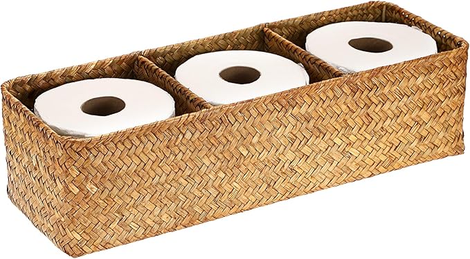 Hipiwe Handwoven Seagrass Storage Basket 3 Sections Toilet Tank Paper Organizer Decorative Shelf Basket for Pantry Living Room Kitchen, Caramel Color