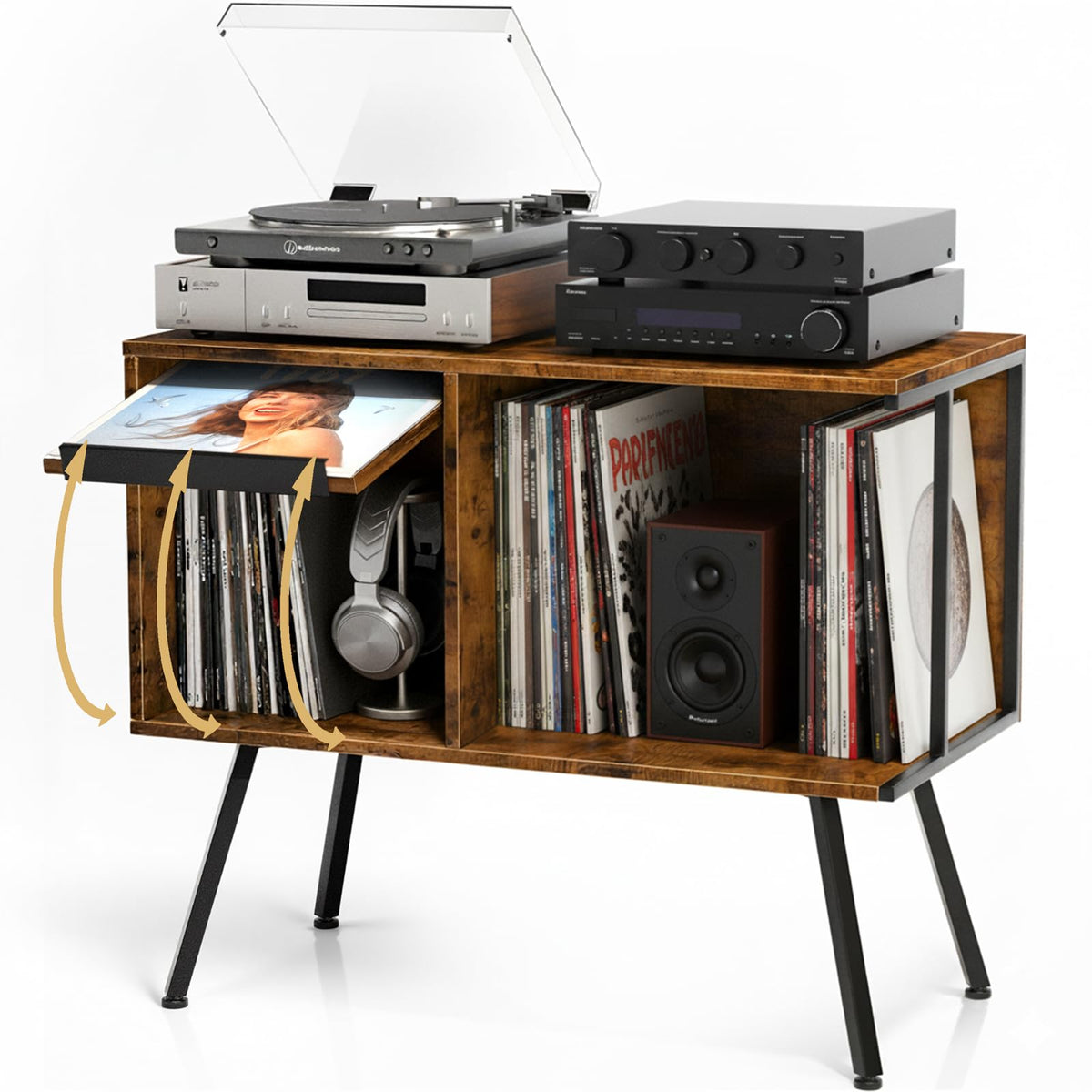 Record Player Stand with Flip-Down Record Shelf, Rustic Brown - Image 1