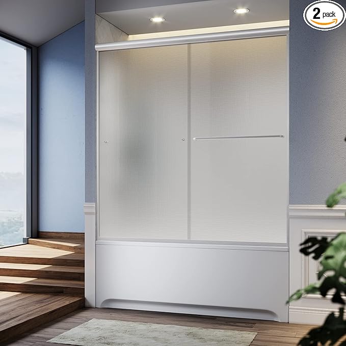 SUNNY SHOWER Double Sliding Shower Door Frosted Glass Shower Enclosure Sliding 60" W x 57.4" H Bathtub Door 1/4" Glass Panel, Brushed Nickel Finish