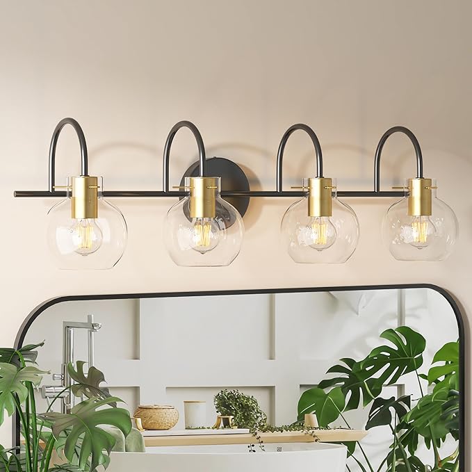 4 Light Bathroom Vanity Light, Black and Gold Light Fixtures, Sconces Wall Lighting with Glass Shade, Modern Brushed Vanity Lights for Bedroom, Hallway,Bathroom Lighting Fixtures Over Mirror