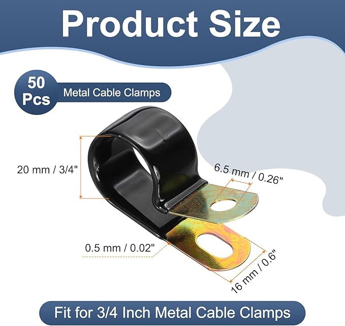 PATIKIL 3/4 Inch Vinyl Coated Cable Clamps, 50 Pack Galvanized Steel Metal Cable Clips Rubber Cushion Insulated Pipe Clamps for Tube Lines Cord Wire Management, Black