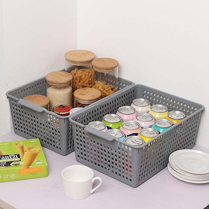 3 Pack Plastic Kitchen Storage Baskets, Rectangle Basket Set for Cabinets, Shelves, Countertops
