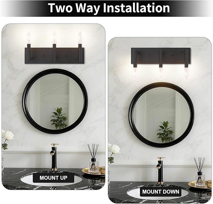 Kalium Bathroom Light Vanity Fixtures Over Mirror, 3-Lights Modern Matte Black Wall Sconces, Minimalist Wall Lights for Livingroom Bedroom Entryway Hallway Staircase, E12 Base(Bulbs Not Included)