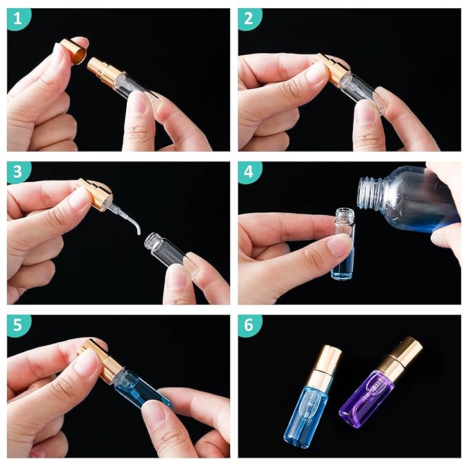 Zhehao 100 Pcs Mini Spray Bottles 3 ml Clear Glass Perfume Bottles Refillable Fine Mist Perfume Atomizer Portable Empty Sample Containers for Cleaning, Essential Oils, Travel (Gold Cap)