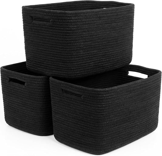 Storage Baskets for Organizing, 14 x 10 x 9” Closet Shelf Woven Baskets, Square Bins with Handles, Cotton Rope Basket for Toys, Clothes, Office, Room, Black 3 Pack