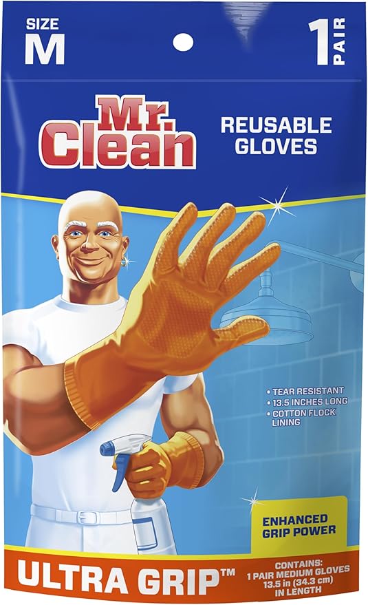 Mr. Clean Ultra Grip, Heat Resisting, Soft Cotton Flock Lining, Extreme Non-Slip Diamond Grip Gloves, Medium