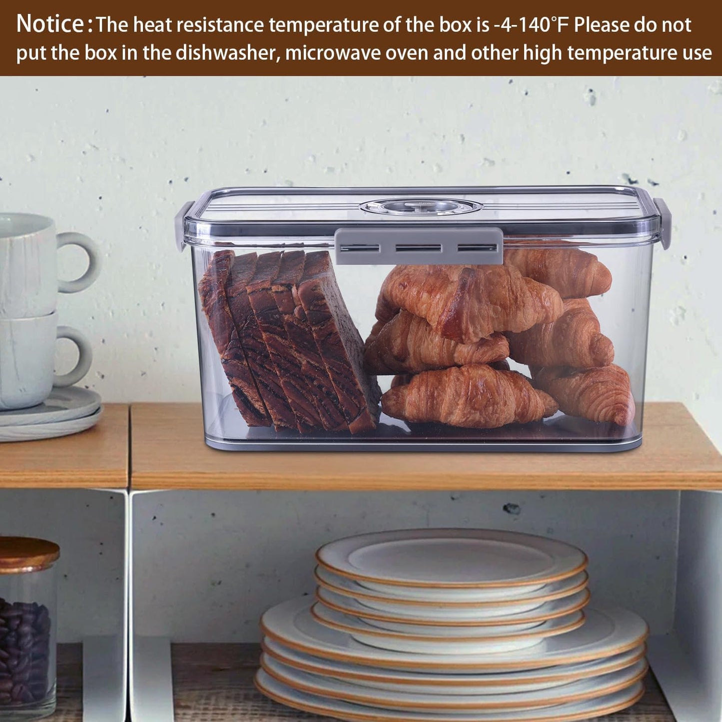 Airtight Bread Box with Time Recording — Large Capacity Bread Storage Container with Lid, Bread Keeper for Homemade Bread, Toast, Bagel & Cookies, Grey