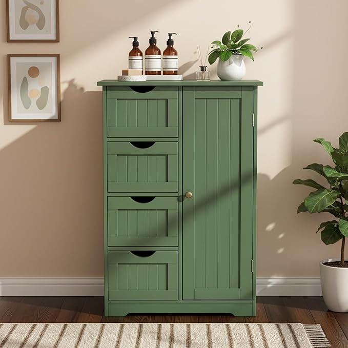 Karl home Freestanding Bathroom Floor Cabinet, Narrow Slim Skinny Storage Unit with 4 Drawers & 1 Cupboard, Towel Organizer for Bathroom, Compact Bath Storage, Forest Green