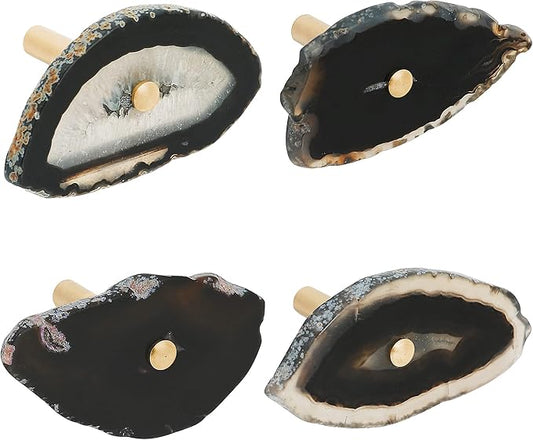 Cozy Tower 4 Pcs Unique Agate Black Coat Hooks Wall Mounted Decorative Brass Single Hook for Hanging, Hat Bag Curtain Tieback