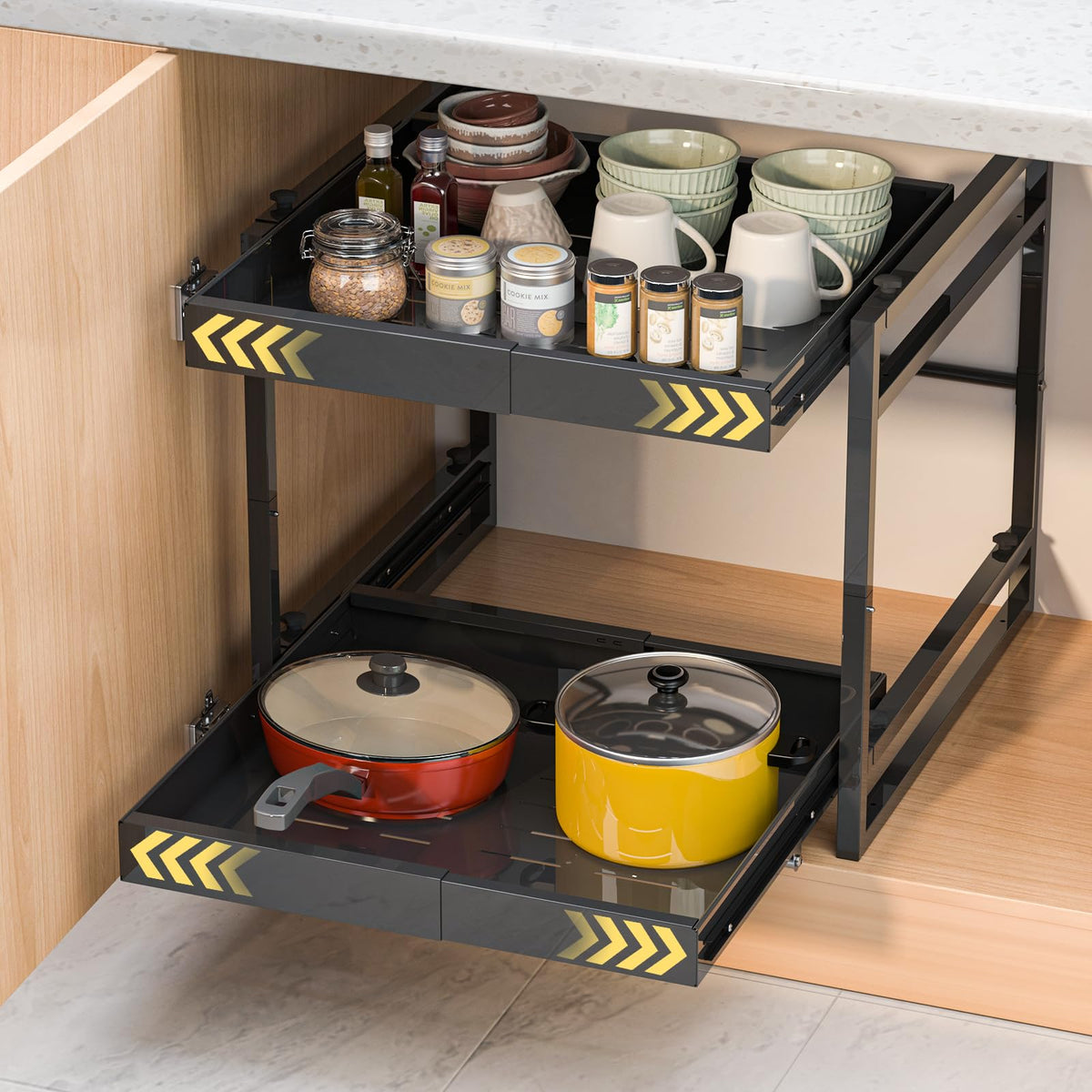 2 Tier Pull Out Cabinet Organizer, 21 inch Depth Slide Out - Image 1