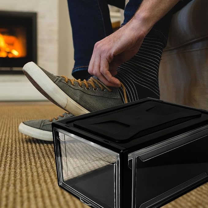 Kichvoe Large Stackable Shoe Storage Box with Flip Lid and Secure Buckle, Black Practical Organizer for Men and Women’s Sneakers, Display and Closet Storage Container