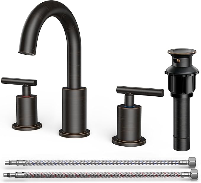 FORIOUS Oil Rubbed Bronze Bathroom Faucets 3 Hole, 8 in Widespread Bathroom Sink Faucet Bronze with Pop Up Drain, 3 Piece Vanity Faucet ORB with 24" CUPC Supply Hoses, 6" to 10" Sink Restroom Remodel