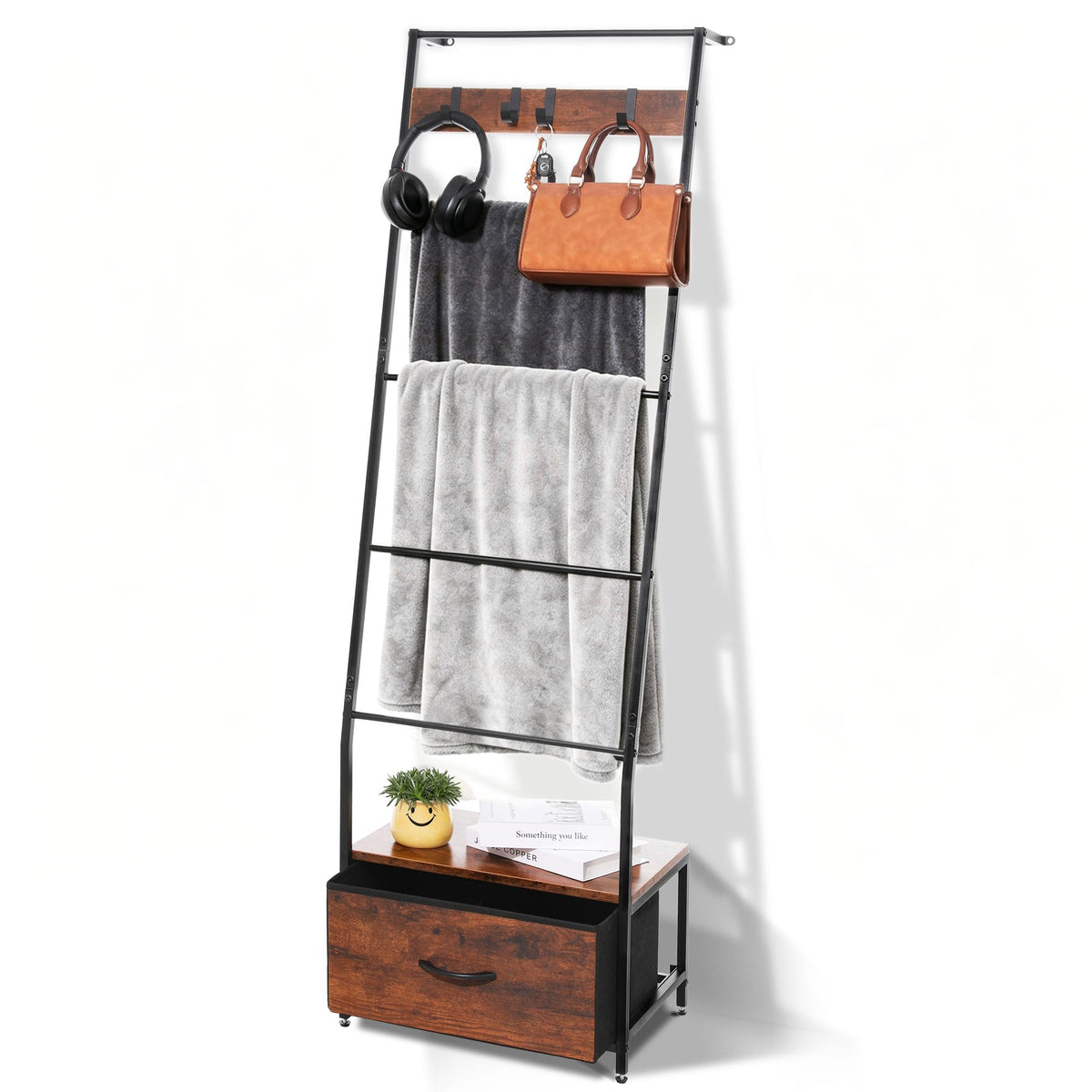 5-Tier Metal Blanket Ladder with Drawer, 63in Quilt Rack - Image 1
