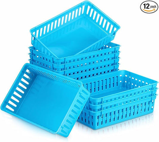 Wenqik Set of 12 Small Plastic Baskets for Organizing 10.24 x 6.5 x 2.36 Inch Pharmacy Baskets Rectangular Trays Plastic Organizer for Office Pharmacy Dorm Kitchens, Closets Shelves(Blue)