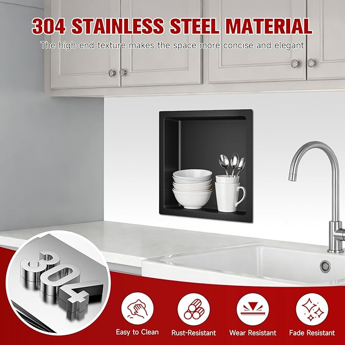 No Tile Needed Shower Niche 13"X 13", Bathroom Wall Niche Single Shelf, Stainless Steel Shower Niche for Bathroom, Kitchens, Balconies