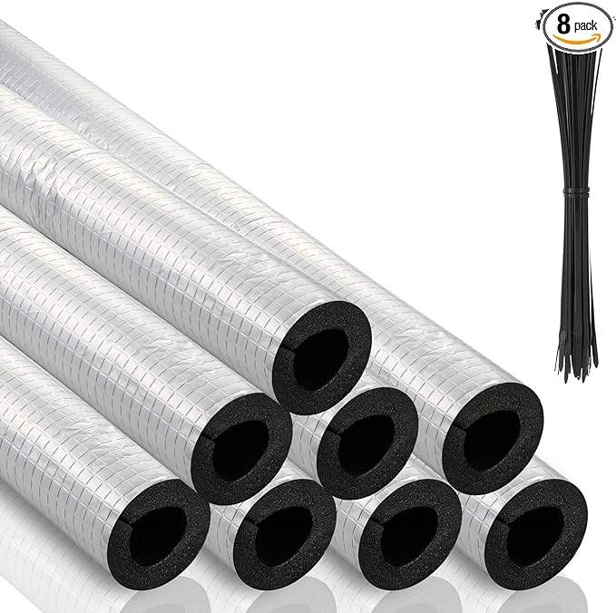 Tondiamo 8 Pcs 3 ft Pipe Insulation Foam Tube Self Adhesive Insulation Foam Wrap with Aluminum Foil Tape Water Tubing Cover for Outdoor Winter Irrigation, Spigot, Sprinkler Protection(3/4 Inch)
