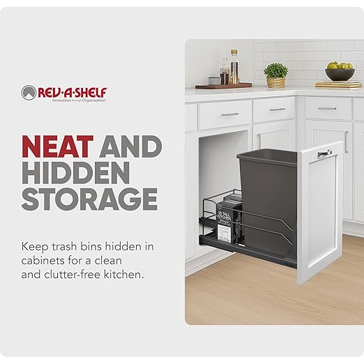 Rev-A-Shelf Pullout Trash Can for Under Kitchen Cabinets 35 Qt. 8.75 Gallon with Soft-Close Slides and Rear Storage, Orion Gray, 53WC-1535SCDM-113