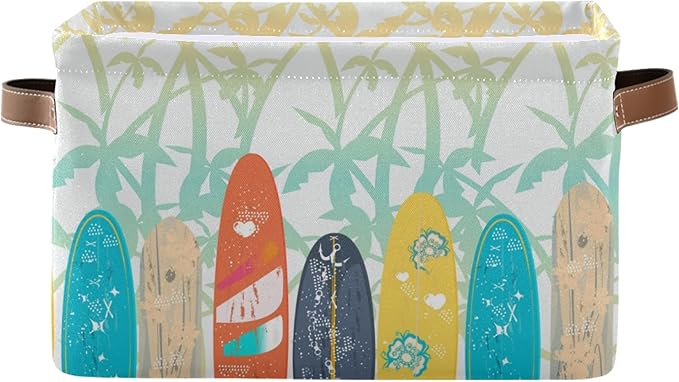 susiyo Large Foldable Storage Bin Palm Trees Surf Boards Fabric Storage Baskets Collapsible Decorative Baskets Organizing Basket Bin with PU Handles for Shelves Home Closet Bedroom Living Room-1Pack
