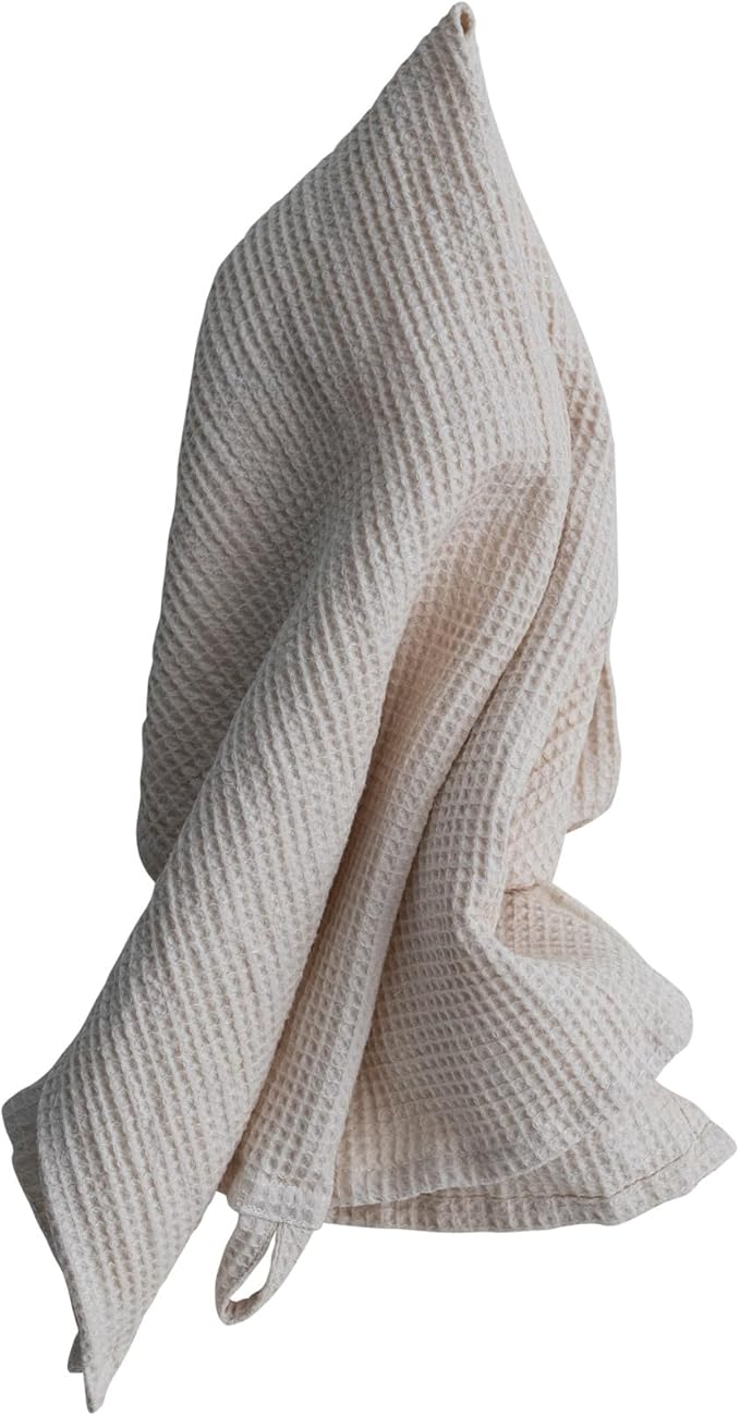 Creative Co-Op Oversized Woven Linen and Cotton Waffle Decorative Tea Towel with Loop for Dining and Kitchen, Cream Color (Pack of 2)
