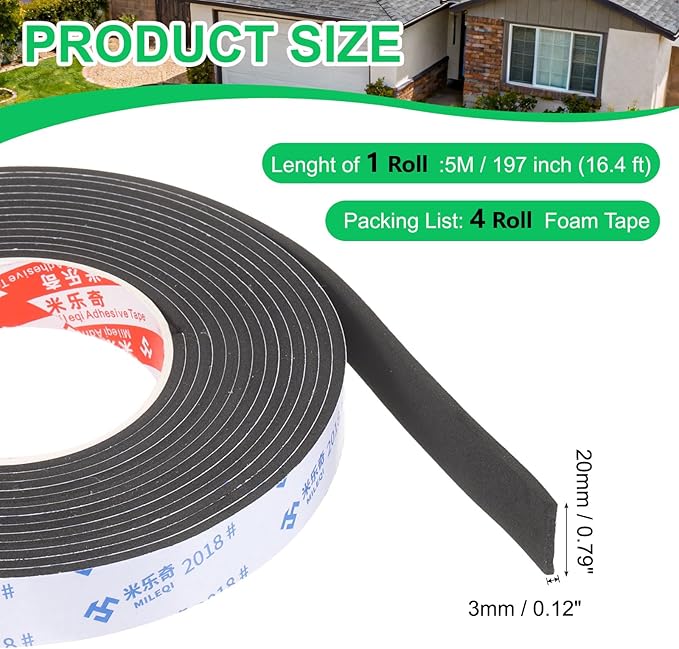 PATIKIL 4Roll Sponge Rubber Foam Tape, 25/32" W x 1/8" t x 16.4ft l Self-Adhesive Foam Insulation Tape Weather Stripping for Window Door Soundproofing Weatherstrip AC Seal Strip, Black