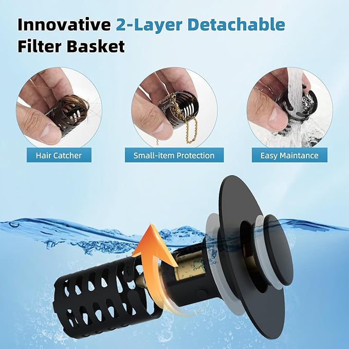 Universal Metal Bathroom Sink Drain Strainer Hair Catcher Upgraded 3 in 1 Pop-up Sink Stopper, with Detachable Stainless Steel Filter Basket, Fit for Standard 1.1''~2.36'' Basin Hole, Matte Black