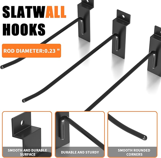 8” Slatwall Hooks, Black Slat Wall Display Hook, 25 PCS Slat Wall Panel Accessory Hooks