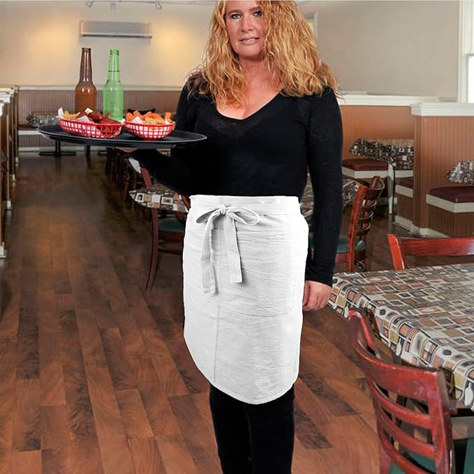 Cityelf Linen Server Apron Cotton Bistro Half Apron with Large Pockets Waist Kitchen Apron for Cooking Waitress