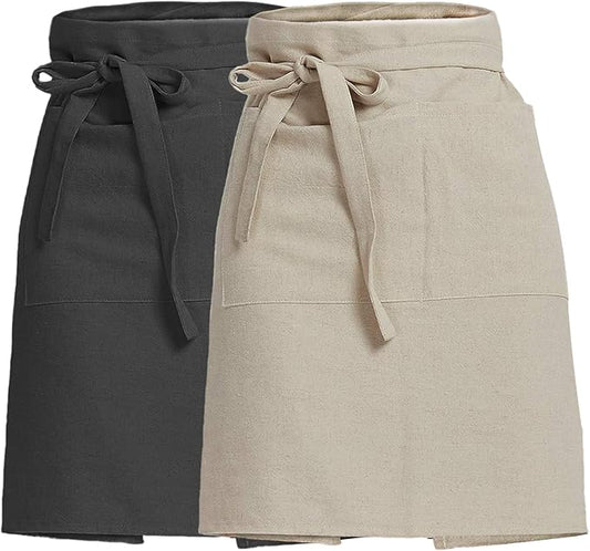 Cityelf Linen Server Apron Cotton Bistro Half Apron with Large Pockets Waist Kitchen Apron for Cooking Waitress
