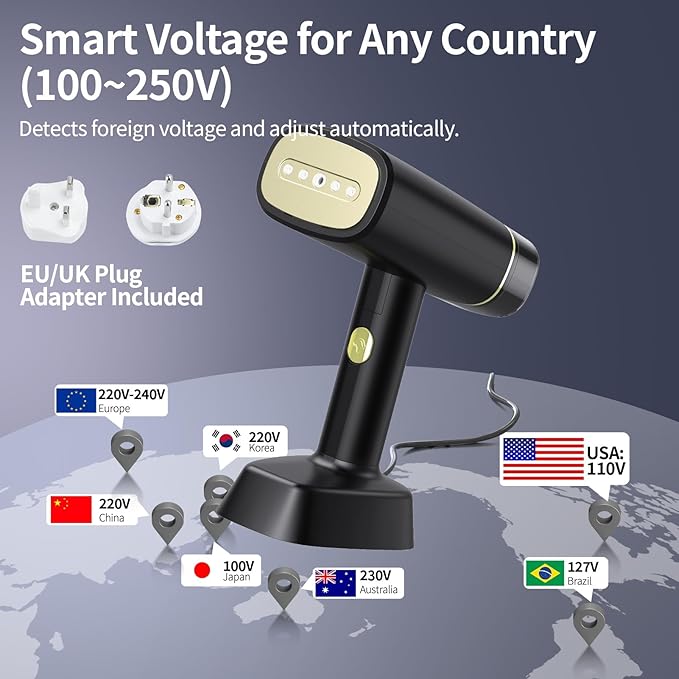 Dual Voltage(100~250V) Travel Steamer for Clothes Portable Mini with European Plug Adapter for International Travel, Europe Travel Essentials for Women, European Travel Must Haves