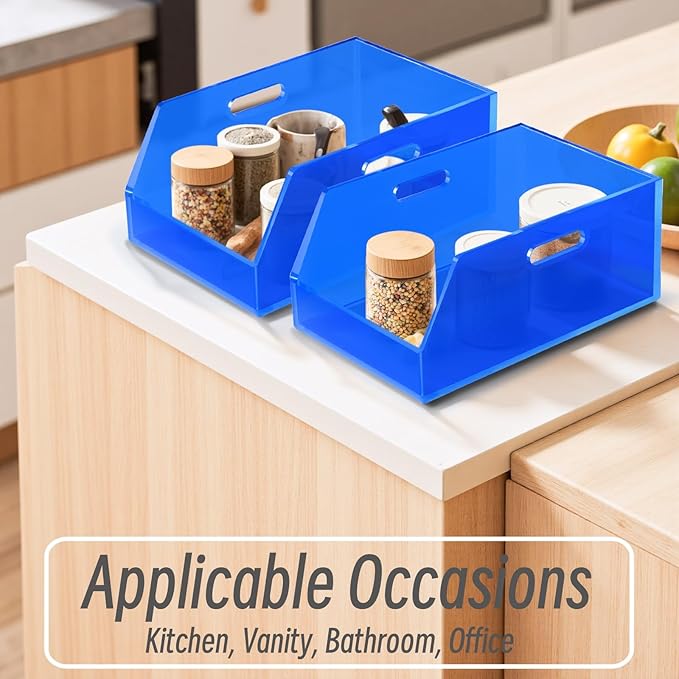 Gelite Stackable Storage Bins Open Front Organizer Bins with Handles Acrylic Storage Container for Pantry Kitchen Cabinet Bathroom Closet Office Organization, 15.4x11.4x6.7'', Navy Blue