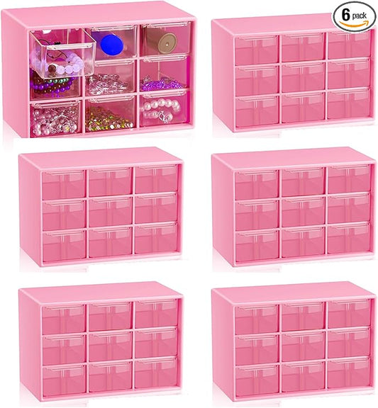 6 Pcs Small Drawer Organizer for Desk, Mini Desktop Drawer Organizer with 9 Clear Drawers, Plastic Desktop Craft Storage Box for Desk Office School Home 7.1" x 3. 8" x 4.6" (Pink)