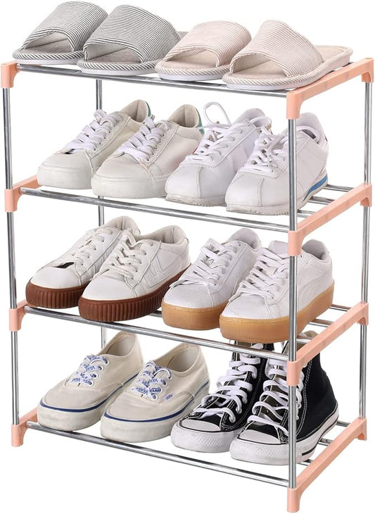 Stackable Small Shoe Rack, Entryway, Hallway and Closet Space Saving Storage and Organization (4-Tier, Pink)