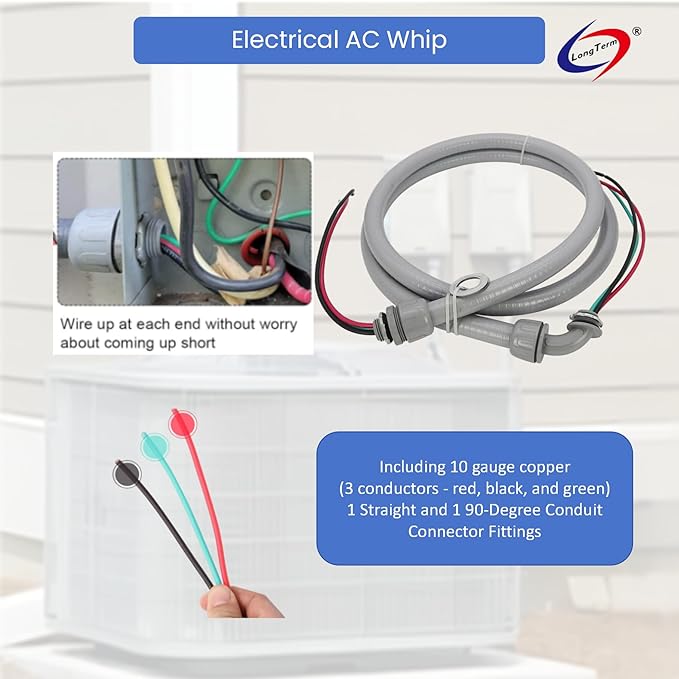 Electrical AC Whip Assembly -1/2" x 4ft Non-Metallic Liquid Tight Electrical Conduit and 10 Gauge Wire A/C Hook-up Whip Kit