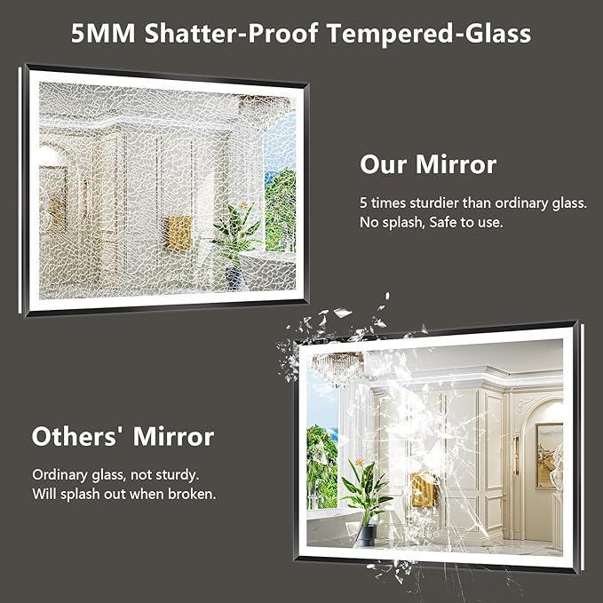 51x36 Black Framed LED Bathroom Mirror with Lights, Backlit and Front Light, Lighted Bathroom Vanity Mirror for Wall Dimmable Anti-Fog Memory Tempered Glass Horizontal/Vertical