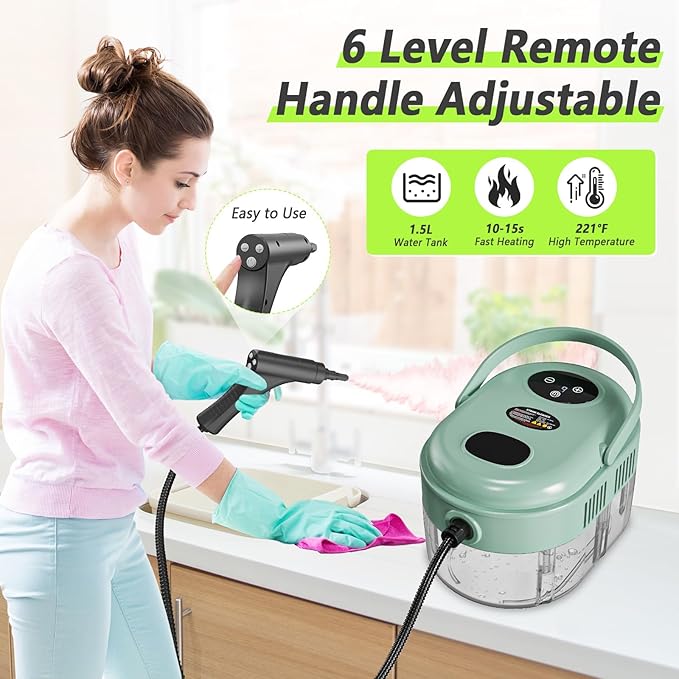 Steam Cleaner, Handheld Steam Cleaner with 6 Levels Adjustable Handle, 1.5L Water Tank, Steamer for Cleaning, Portable Steam Cleaner for Home, Car, Furniture, Couch, Bed Bugs (Green)