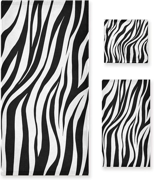 3 Piece Zebra Animal Skin Print Bath Towels Set,Microfiber Modern Black White Striped Abstract Decorative Bathroom Towels,1 Bath Towel 1 Hand Towel for Bathroom Kitchen,1 Washcloth for Face