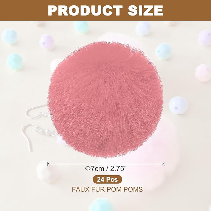 PATIKIL Faux Fur Pom Poms for Hats, 24 Pcs Fluffy Soft Fur Poms Balls with Elastic Loop for Keychain Knitting Hats DIY Scarves Gloves Bag Christmas, Rose Pink