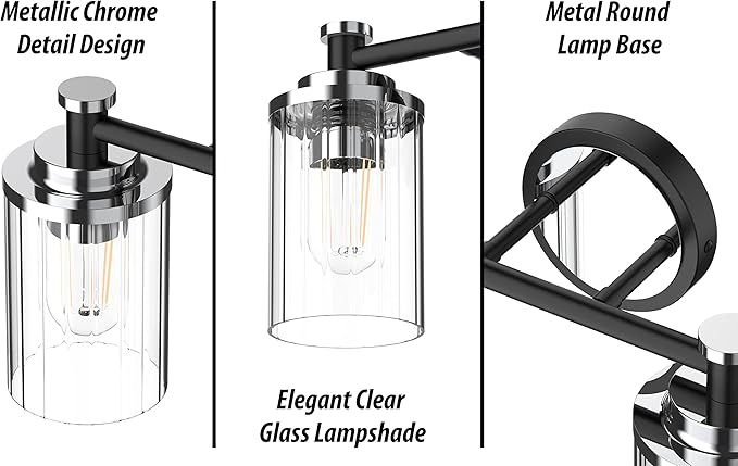 Bathroom Lighting Fixtures Black and Chrome Bathroom Vanity Light with Cylindrical Clear Stripes Glass Lampshade E26 Socket Base Bathroom Lighting Fixtures Over Mirror (2 Lights)