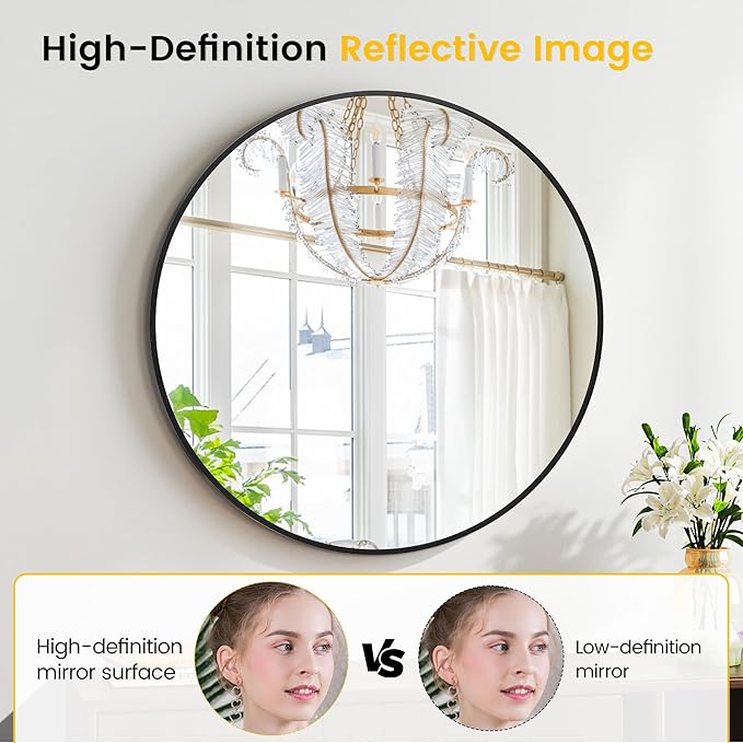 18 in Round Mirror for Wall, Black Metal Frame Circle Mirror, Round Bathroom Mirror for Wall Decor, Mirror for Entryway, Vanity, Bedroom, Easy to Install