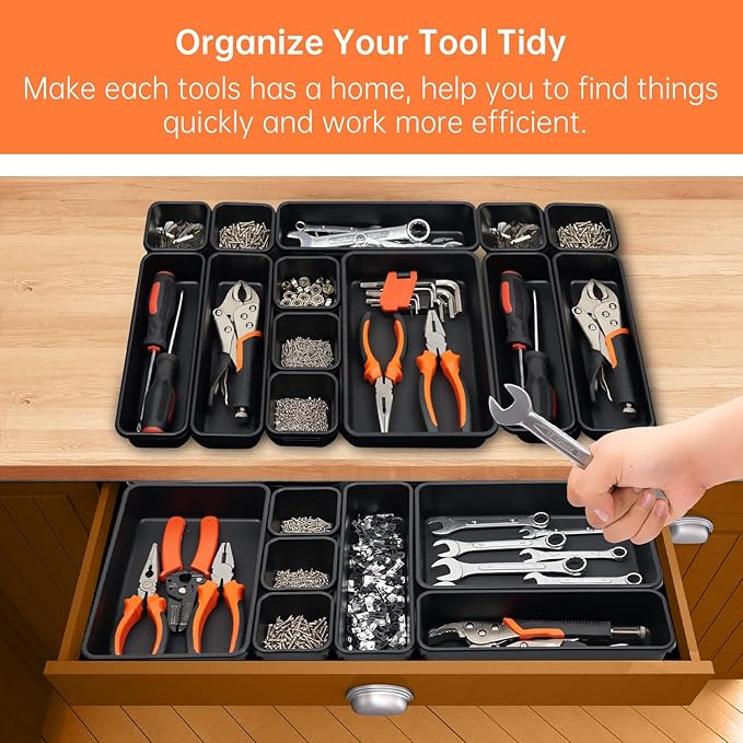 [5-Sizes] 60 Pack Tool Box Organizer Tray, Large 12'' Tools Box Organizers and Storage, for Hammer, Wrench, Screw, Small Parts Toolbox Organization, Tool Cart Chest Garage Drawer Organizer Tray, Black