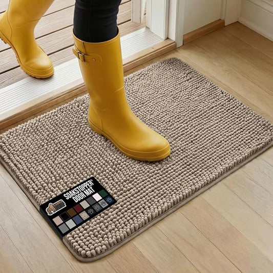 GORILLA GRIP SoakSTOPPER Dog Door Mat, Machine Washable Rug Absorbent Doormat Captures Moisture Mud Dirt, Quick Dry Soft Chenille Entryway Rugs Indoor Entrance Mats for Dog Paws, 24x17 Beige