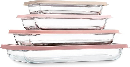 COOK WITH COLOR 8 PC. Glass Baking Dish Set with Lids - Deep Casserole Dish, Glass Food Container, Oven, Freezer and Microwave Safe, Clear Container, Pink