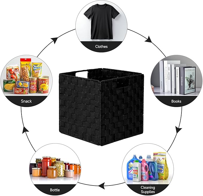 2-Pack Collapsible Ribbon Woven Storage Bins with Metal Structure, Shelf Basket, Pantry Organizer, Home Decorative Utility Cubes (11 x 11 x 11 in, Black)