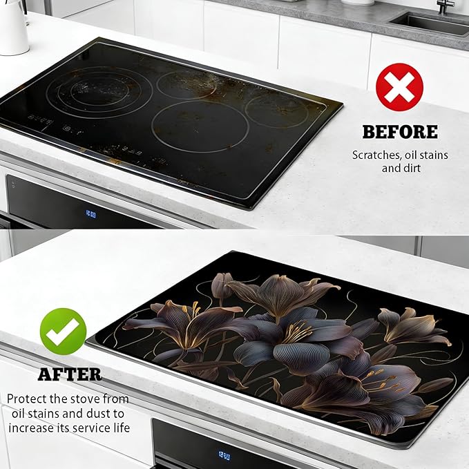 Glass Stove Top Covers for Electric Stove, Heat Resistant Counter Protector Mat, Non Slip Waterproof Surface Cover for Kitchen Counter and Cooktop (Dark Lilies, 28"L x 20"W)