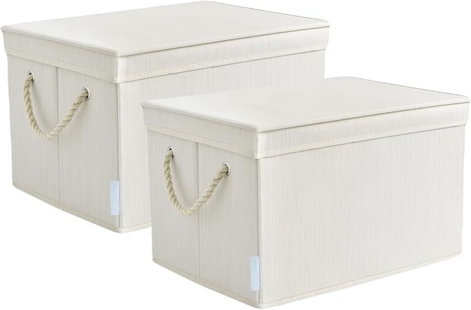 Pack of 2 Modern Fabric Storage Bins, Collapsible Open Storage Bins for Clothes, Books - Shelf Organizer with Dust-proof Lips, Ivory White, 34L